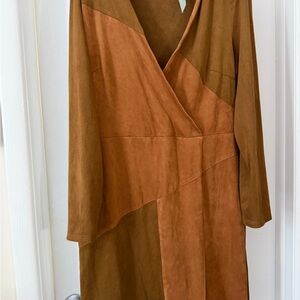 INC Faux Suede Wrap Dress – Colorblock Camel & Rust – Size 10
